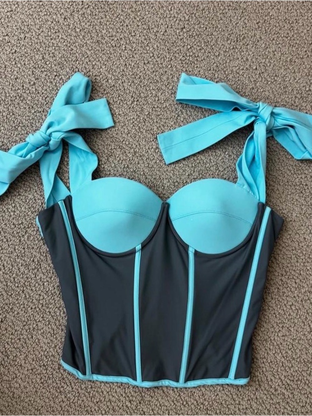 Bustier One-Piece Swim Top in Turquoise and Charcoal